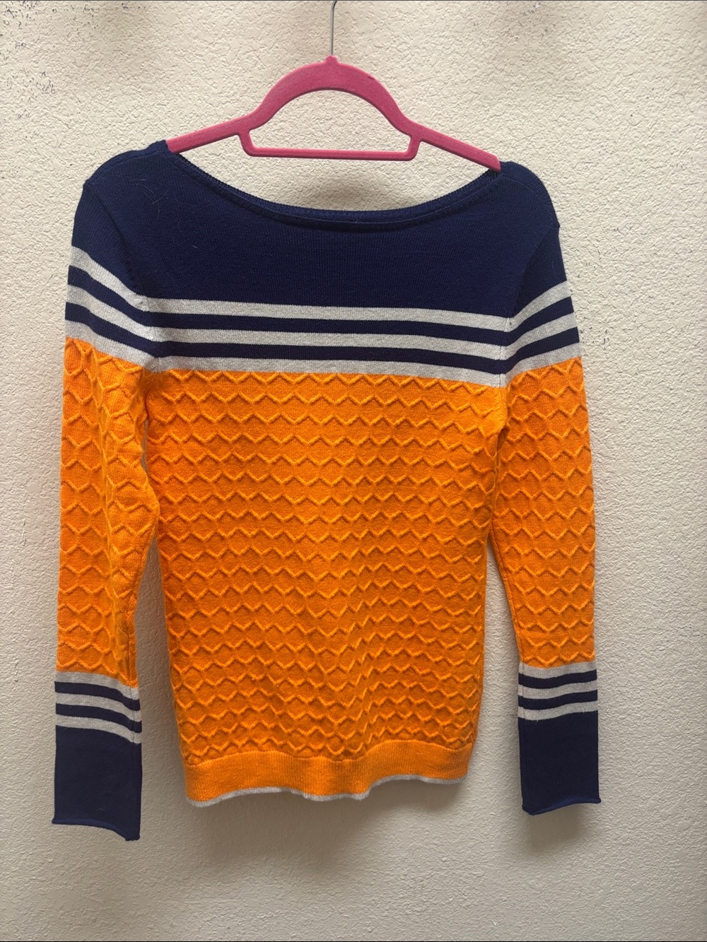 Women’s Navy and Orange Textured Knit Sweater